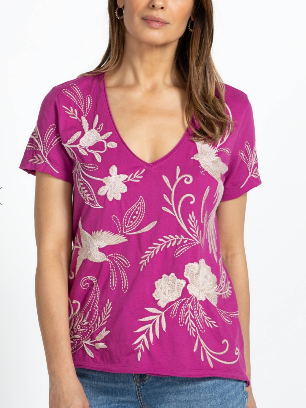 Johnny Was Frankie Everyday Tee Festival Fuschia Embroidered Birds Size XXL